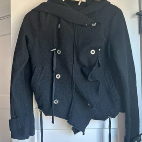 Free People Cinch Front Draped Hoodie Jacket Wool Black Sweater - Picture 5 of 8